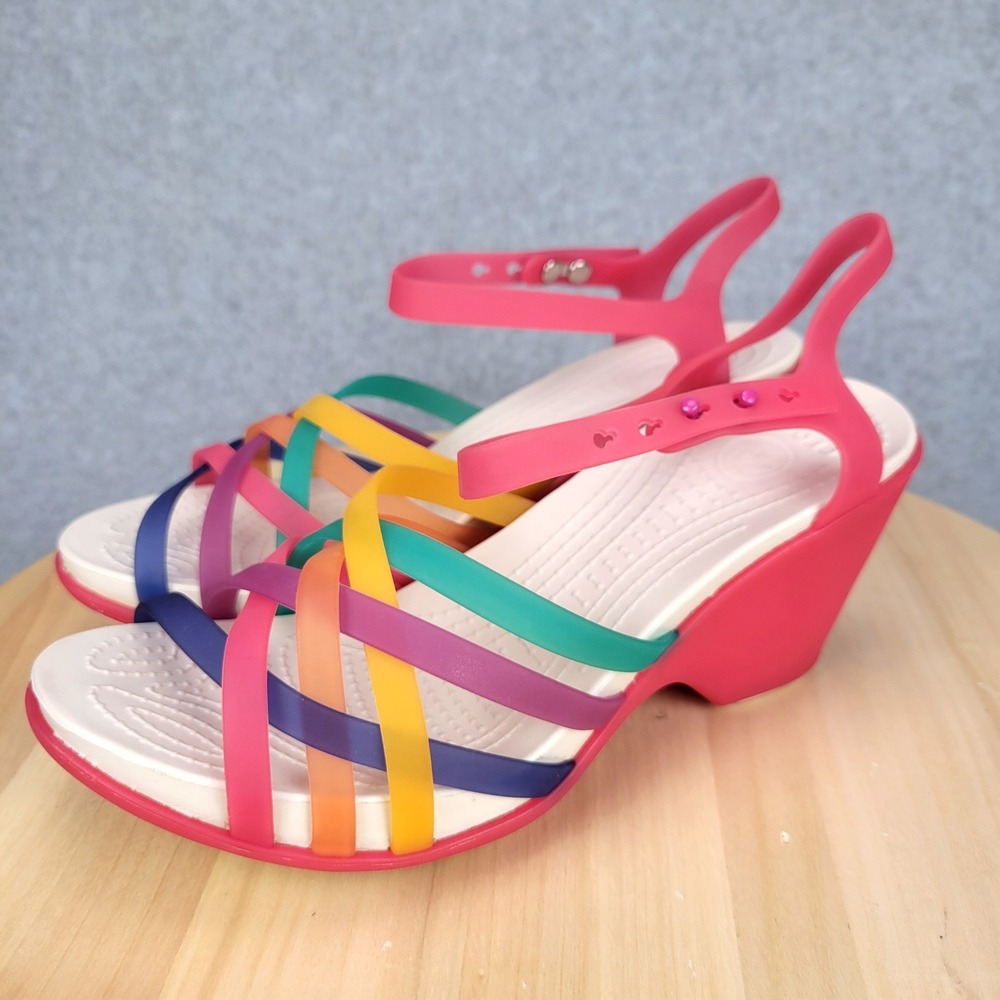 Crocs Huarache Wedge Sandals Women 7 Multi Color Rainbow Strappy Jelly Shoes